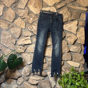 EUC mid waist easy fit button fly distressed flare jeans